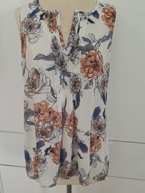 Sanctuary Cream Floral Pintuck Sleeveless Top with Rust Accents